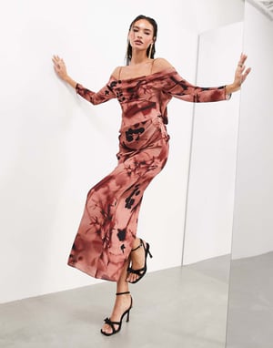 ASOS EDITION – Rosa blommig draperad bardot-klänning med långa ärmar