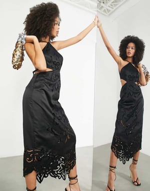 ASOS EDITION – Svart midiklänning i satin med utskuret mönster