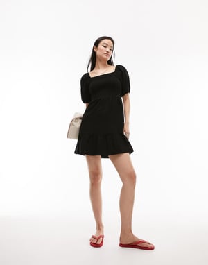 Topshop – Svart miniklänning med rynka detaljer