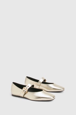 Metallic Buckle Detail Mary Jane Ballet Flats