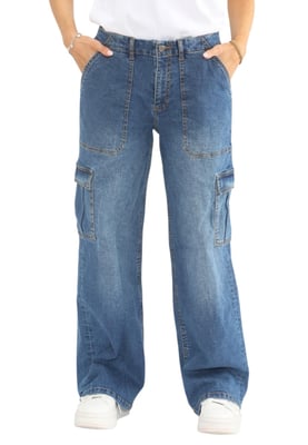 MYT Womens Wide Leg Baggy High Waisted Cargo Pocket Jeans in Blue