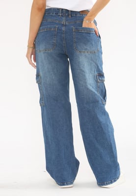 MYT Womens Wide Leg Baggy High Waisted Cargo Pocket Jeans in Blue