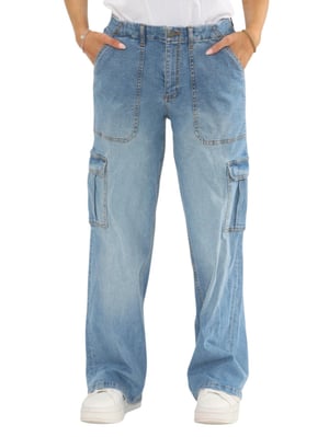 MYT Womens Wide Leg Baggy High Waisted Cargo Pocket Jeans in Light Blue