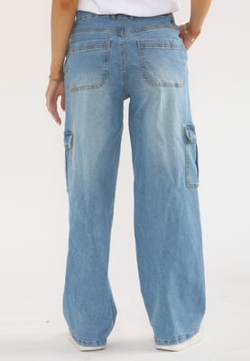 MYT Womens Wide Leg Baggy High Waisted Cargo Pocket Jeans in Light Blue