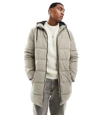 ONLY & SONS – Beige lång puffjacka med huva