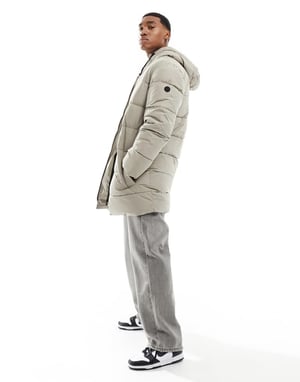 ONLY & SONS – Beige lång puffjacka med huva