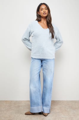 Eyelash Knitted Pearl Embellished V Neck Jumper