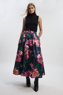 Romantic Floral Print Prom Woven Maxi Skirt