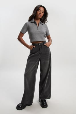 Petite Mid Waist Loose Fit Wide Leg Jean
