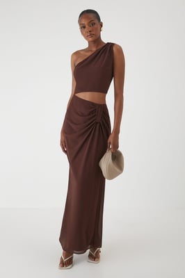 Asymmetric Shoulder Cut Out Ruched Maxi Dress