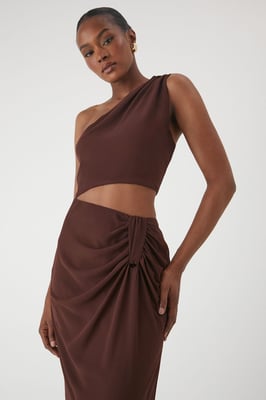 Asymmetric Shoulder Cut Out Ruched Maxi Dress