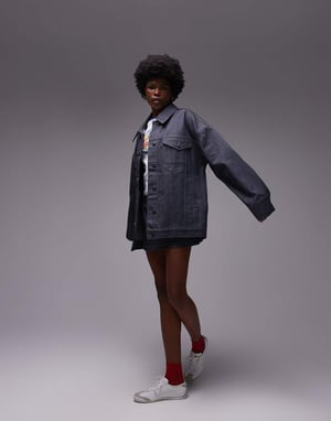 Topshop – Grå denimjacka med ballongmotiv och lång passform