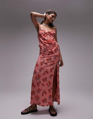 Topshop – Rosa maxikjol med körsbärsblommor och slits, del av set