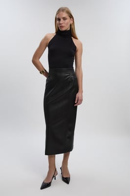 Petite Faux Leather Seam Waist Detail Pencil Midi Skirt