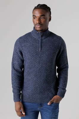 Dark Blue Quarter Zip Basket Stitch Jumper