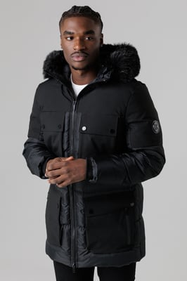 Black Padded Parka Jacket With Faux Fur-Lined Hood
