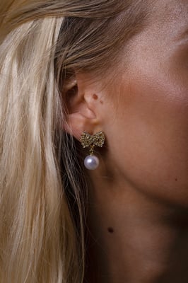 Diamante Bow Pearl Drop Earrings - Gift Boxed
