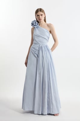 Petite Taffeta Rosette Neck Tailored Pleat Gathered Maxi Dress