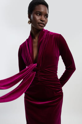 Velvet Long Sleeve Wrap V Neck Maxi Dress