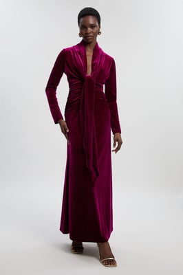 Velvet Long Sleeve Wrap V Neck Maxi Dress
