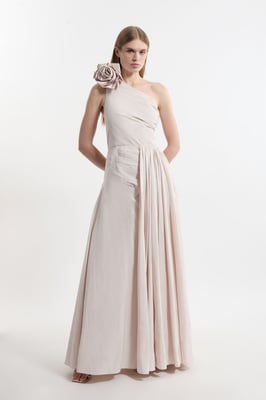 Petite Taffeta Rosette Neck Tailored Pleat Gathered Maxi Dress