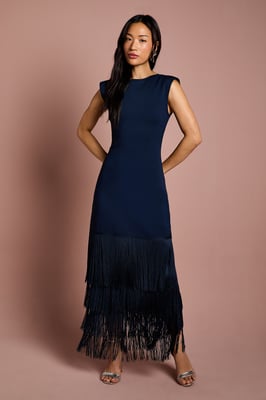 Bandage Knit Fringed Hem Midi Dress
