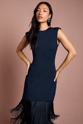 Bandage Knit Fringed Hem Midi Dress