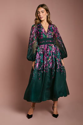 Organza Floral Placement Lace Trim Midaxi Dress