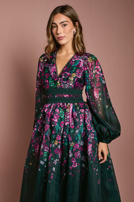 Organza Floral Placement Lace Trim Midaxi Dress