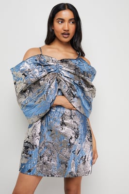 Metallic Jacquard Dramatic Sleeves Mini Dress