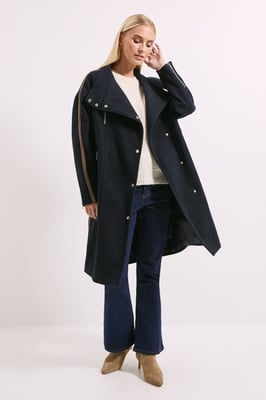 Funnel Neck Zip Detail Colourblock Longline Coat