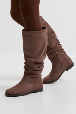 Karina Faux Suede Flat Knee High Ruched Boots