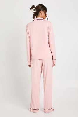 Jersey Piping Detail Long Sleeve Shirt & Trousers Pyjama Set