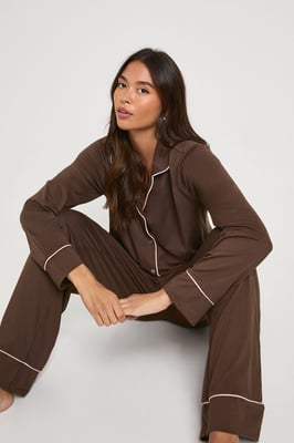 Jersey Piping Detail Long Sleeve Shirt & Trousers Pyjama Set