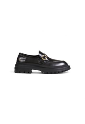Black Leather Loafers Chunky Sole Gold Buckle