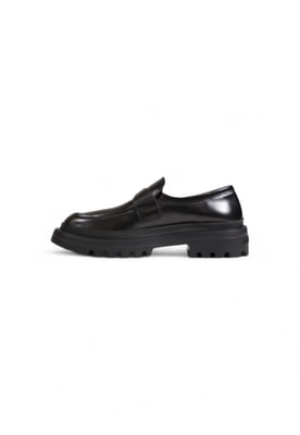 Black Leather Loafers Chunky Sole Gold Buckle