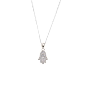 Sterling Silver White Cubic Zirconia Hamsa Hand Of Fatima Pendant Necklace