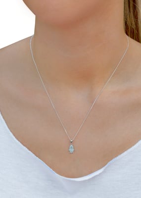 Sterling Silver White Cubic Zirconia Hamsa Hand Of Fatima Pendant Necklace