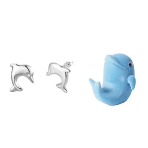 Sterling Silver Jumping Dolphin Kids Stud Earrings - Novelty Gift Box Included