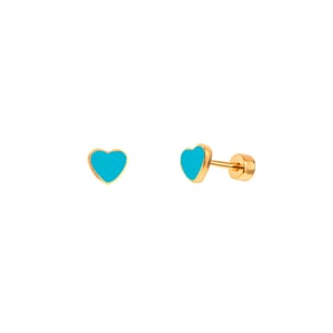 Gold Plated Enamel Blue Heart Flatback Stud Earrings