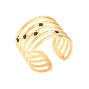 Gold Plated Stacked Black Enamel Ring - Adjustable Ring