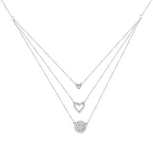 Sterling Silver Triple Chain White Cubic Zirconia Heart And Disc Necklace