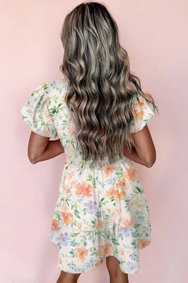 Floral Mini Dress Tiered Skirt Puff Sleeves