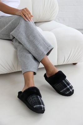 Wheres That From Womens 'Jemima' Tartan Mule Slippers with Faux Fur Trim