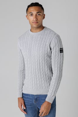 Light Grey Regular Fit Cotton Rich Cable Knit Crew Neck Jumper