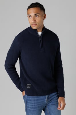 Dark Navy Cotton Rich Half Zip Funnel Neck Jumper
