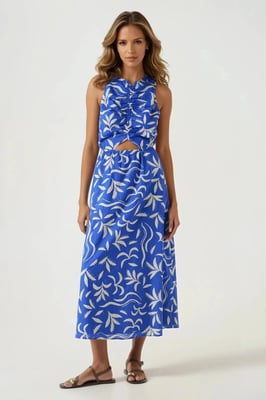 Blue Leaf Print Summer Dress