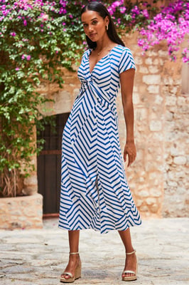 White & Blue Geometric Stripe Print Twist Front Maxi Dress