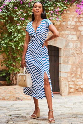 White & Blue Geometric Stripe Print Twist Front Maxi Dress