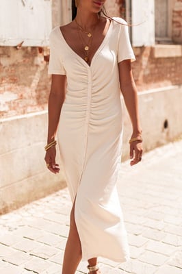 Ribbed Knit Midi Dress Button Front